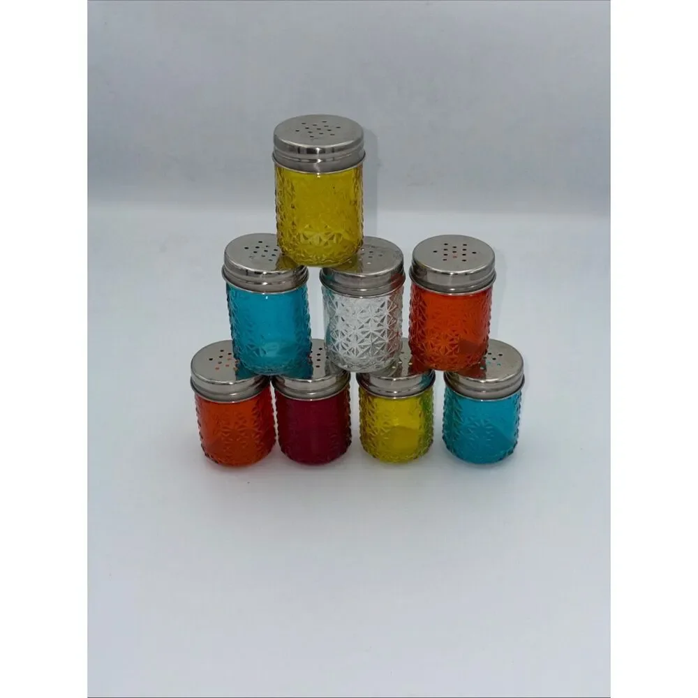 Vintage MCM Colored Glass Spice Bottles Aluminum Tops Colorful